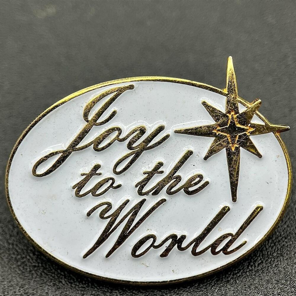 Vintage Sherman Joy to the World Oval Shaped White Gold-Tone Enamel Christmas